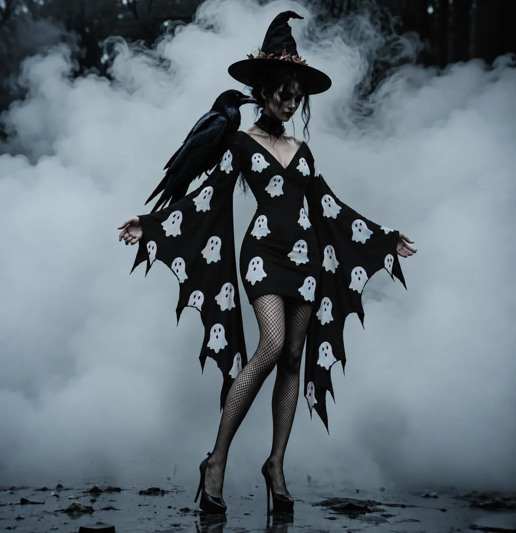 Women's Gothic Ghost Print Batwing Flare Sleeve V Neck Bodycon Dress – Halloween Costume