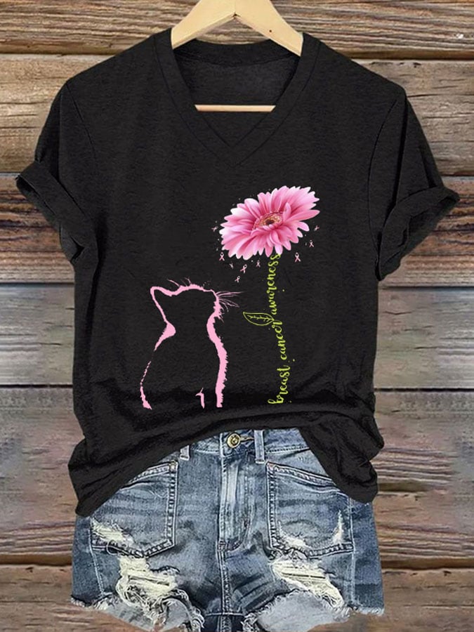 V-neck Retro Breast Cancer Awareness Cat Barberton Daisy Print T-Shirt