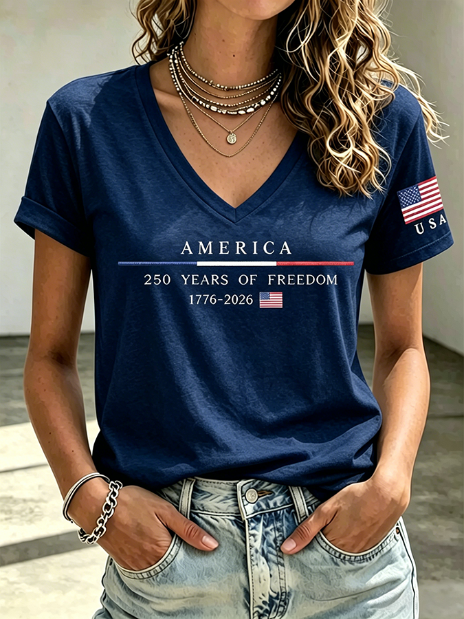 250Th Anniversary American Embroidery Commemorative V-Neck Short Sleeved T-Shirt