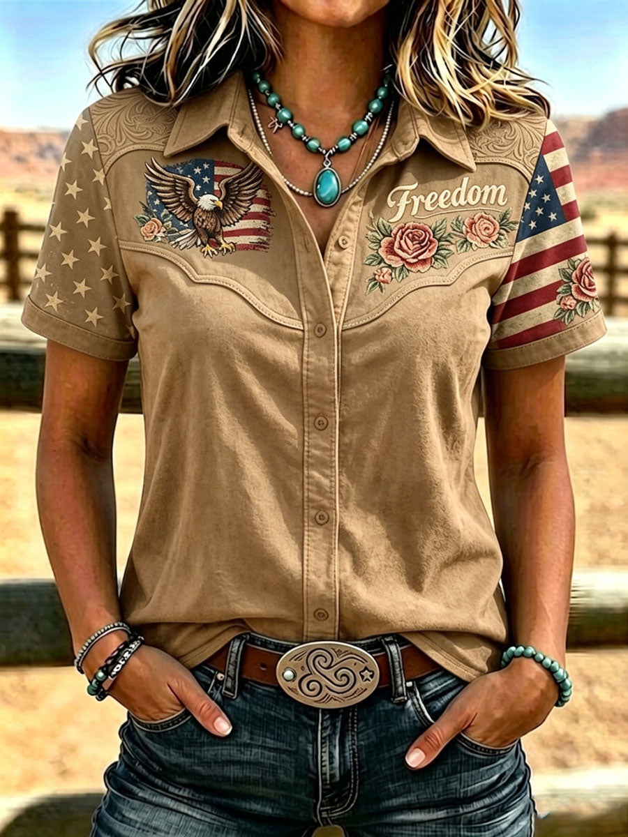 Women'S Retro Western Style Printed Short Sleeved Shirt