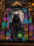 Neon Grim Reaper Black Cat Halloween Spooky Trick Or Treat Pumpkin Gothic Sweatshirt