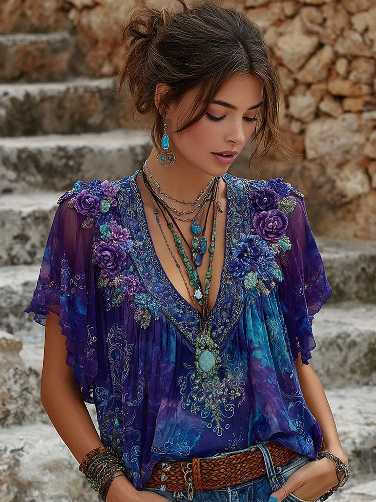 Women's Retro Purple Floral Embroidery Pattern Casual  T-shirt