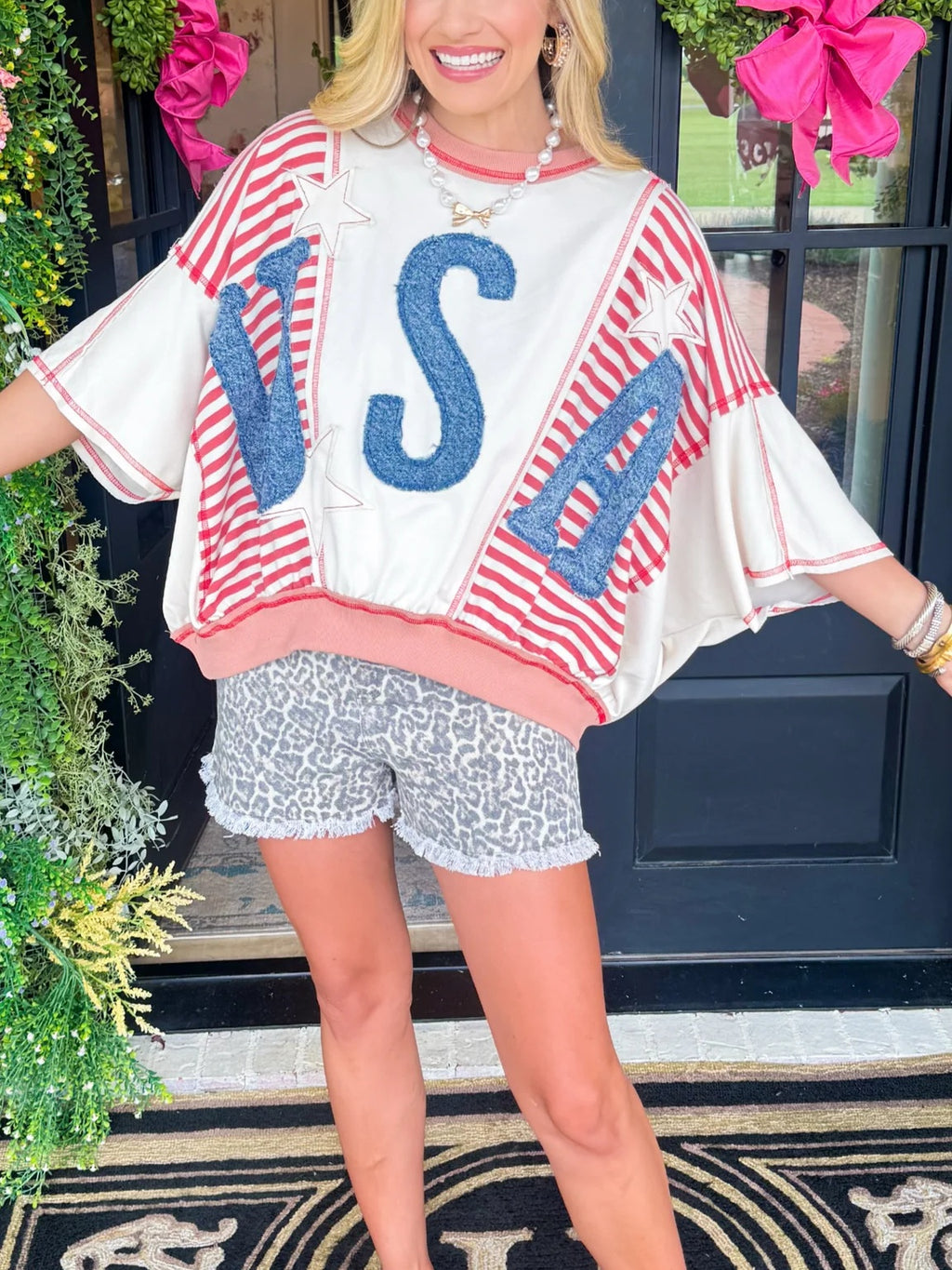 Land Of The Free Striped Sweatshirt - Oatmeal/Red