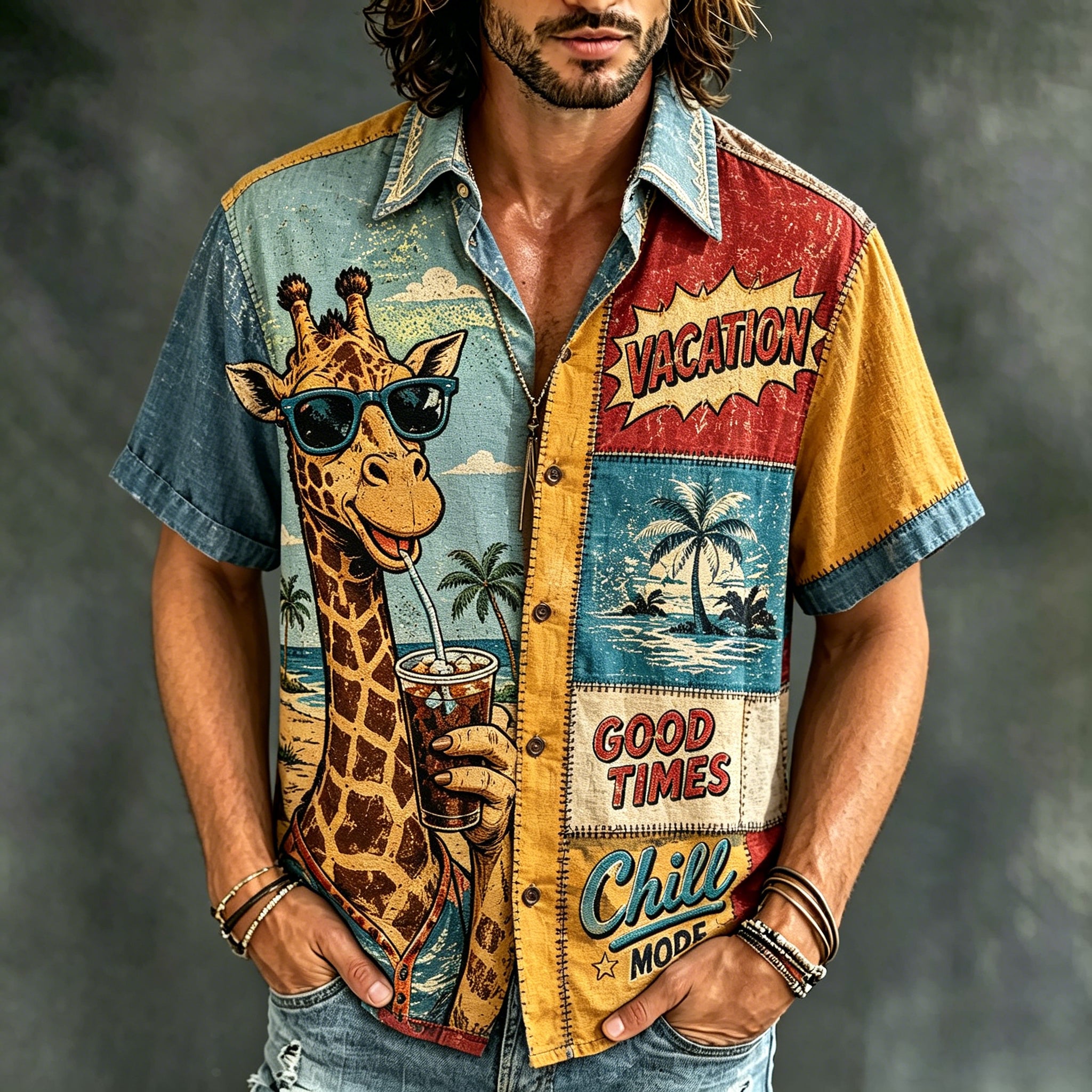 Men's Hippie Style Peace Giraffe Holiday Patchwork Art Print Casual Shirt