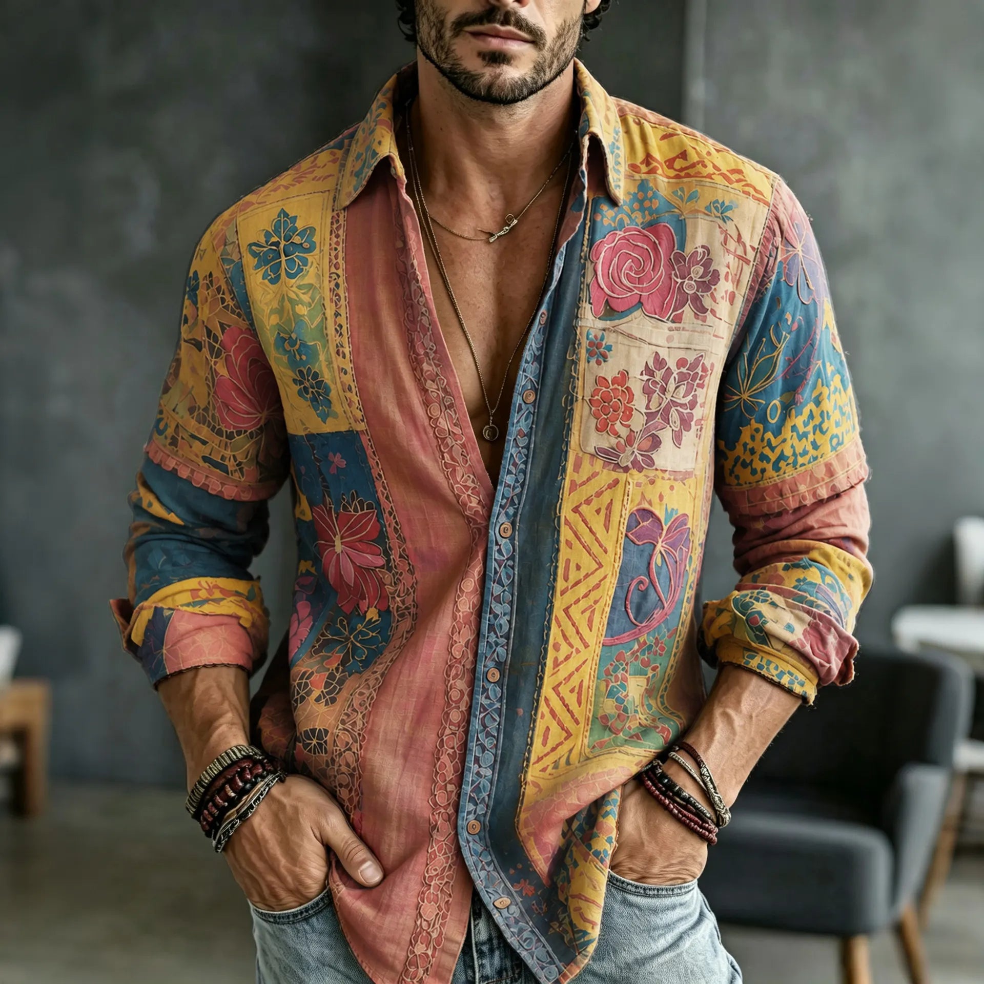 Men's Retro Floral  Patchwork Embroidered Art Print Flowy Linen Blend Casual Shirt