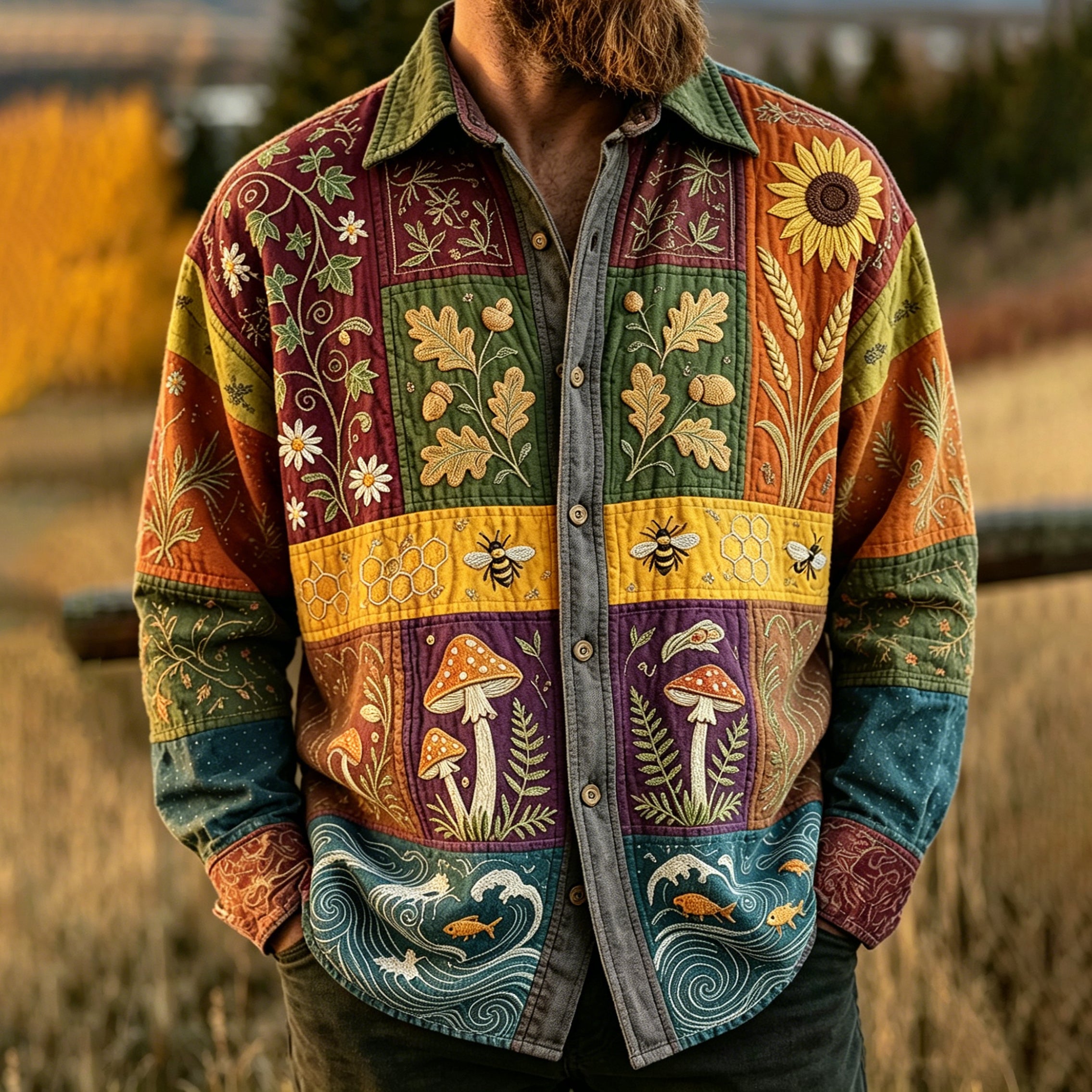 Men's Bee Mushroom And Plant Hippie Art Print Shirt