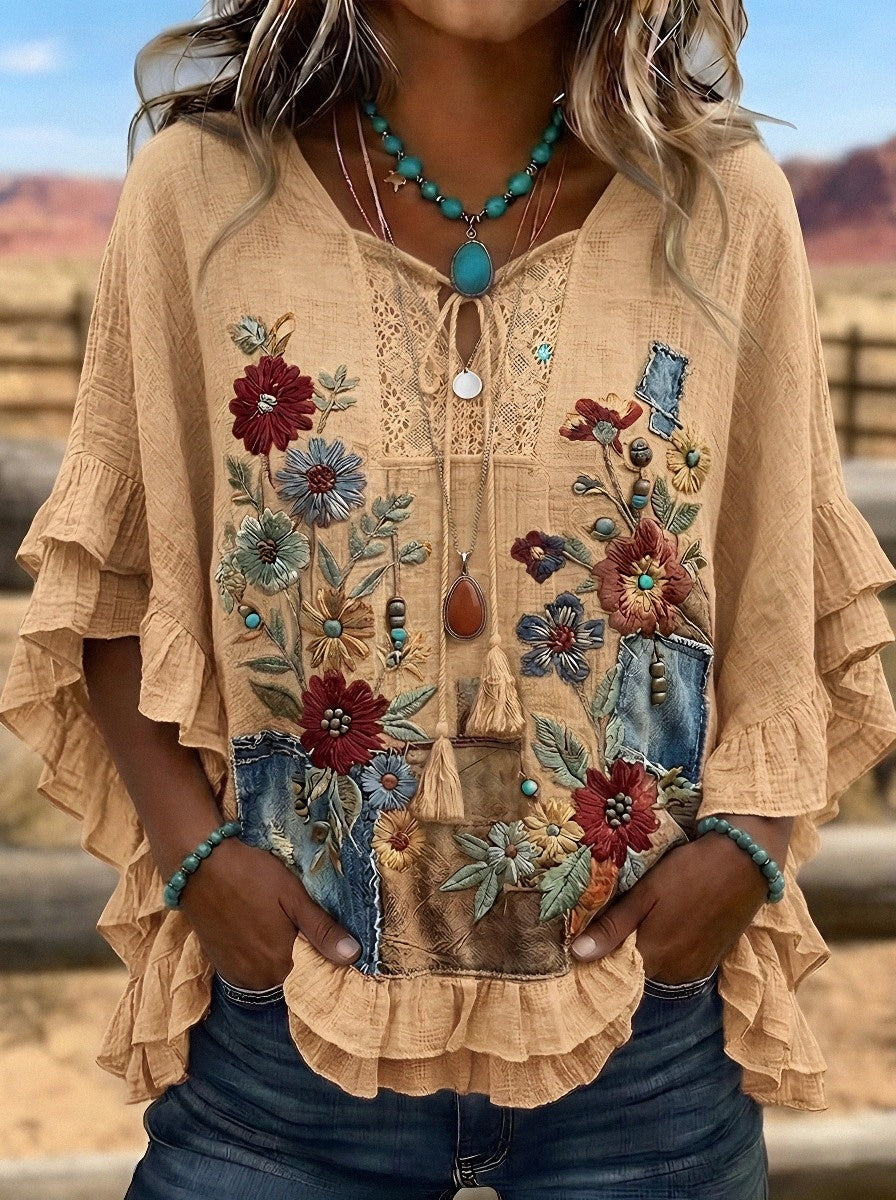 Women's Western Vintage Floral Denim Patchwork Printed Top