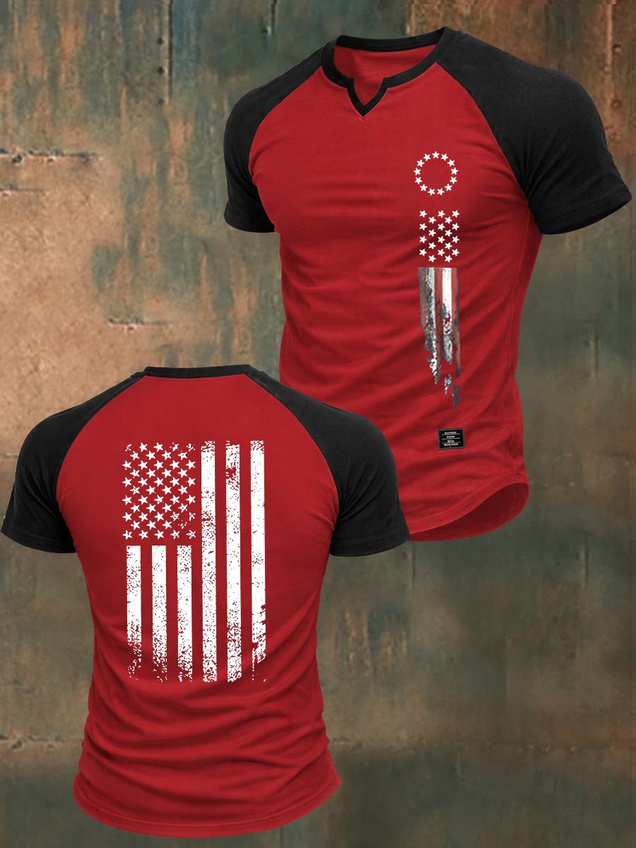250th Anniversary America Flag Pattern 100% Cotton V Neck Color-Block Raglan T-Shirt