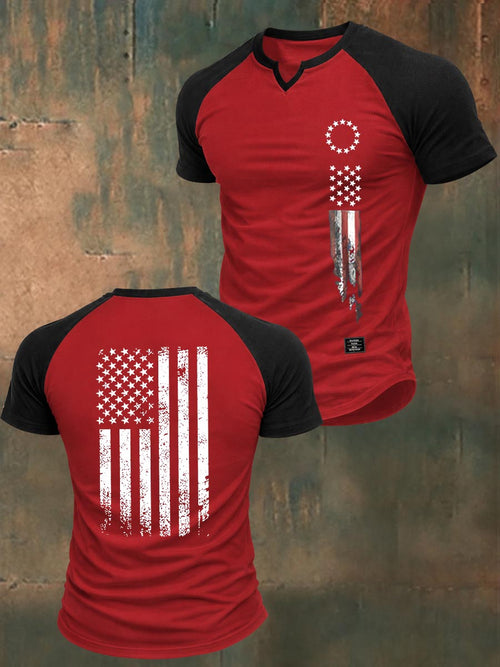 250th Anniversary America Flag Pattern 100% Cotton V Neck Color-Block Raglan T-Shirt
