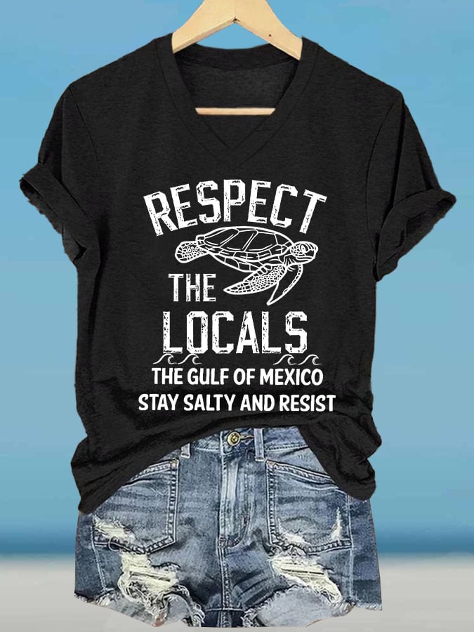 Women's Respect The Locals Gulf Of Mexico Printed V Neck T-shirt