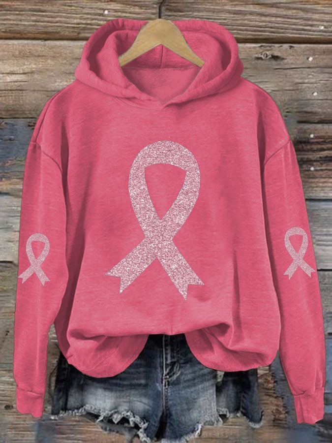 Womens Breast Cancer Sequin Pink Ribbon Hoodie
