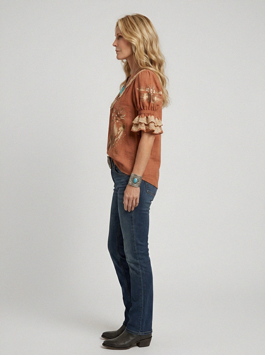 Women's Western Vintage Floral Lace Trimmed Printed Top