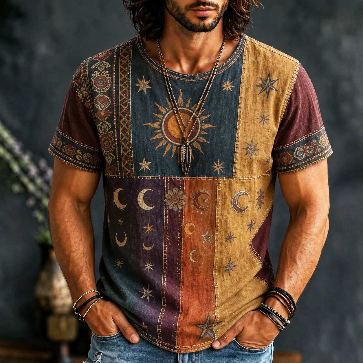 Men's Hippie Sun And Moon Element Patchwork Art Print T-shirt