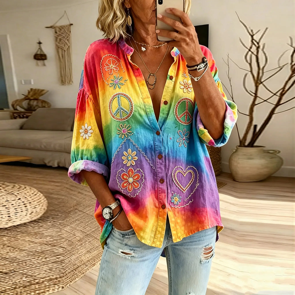 Women's Bohemian Floral And Hippie Peace Print Casual Shirt