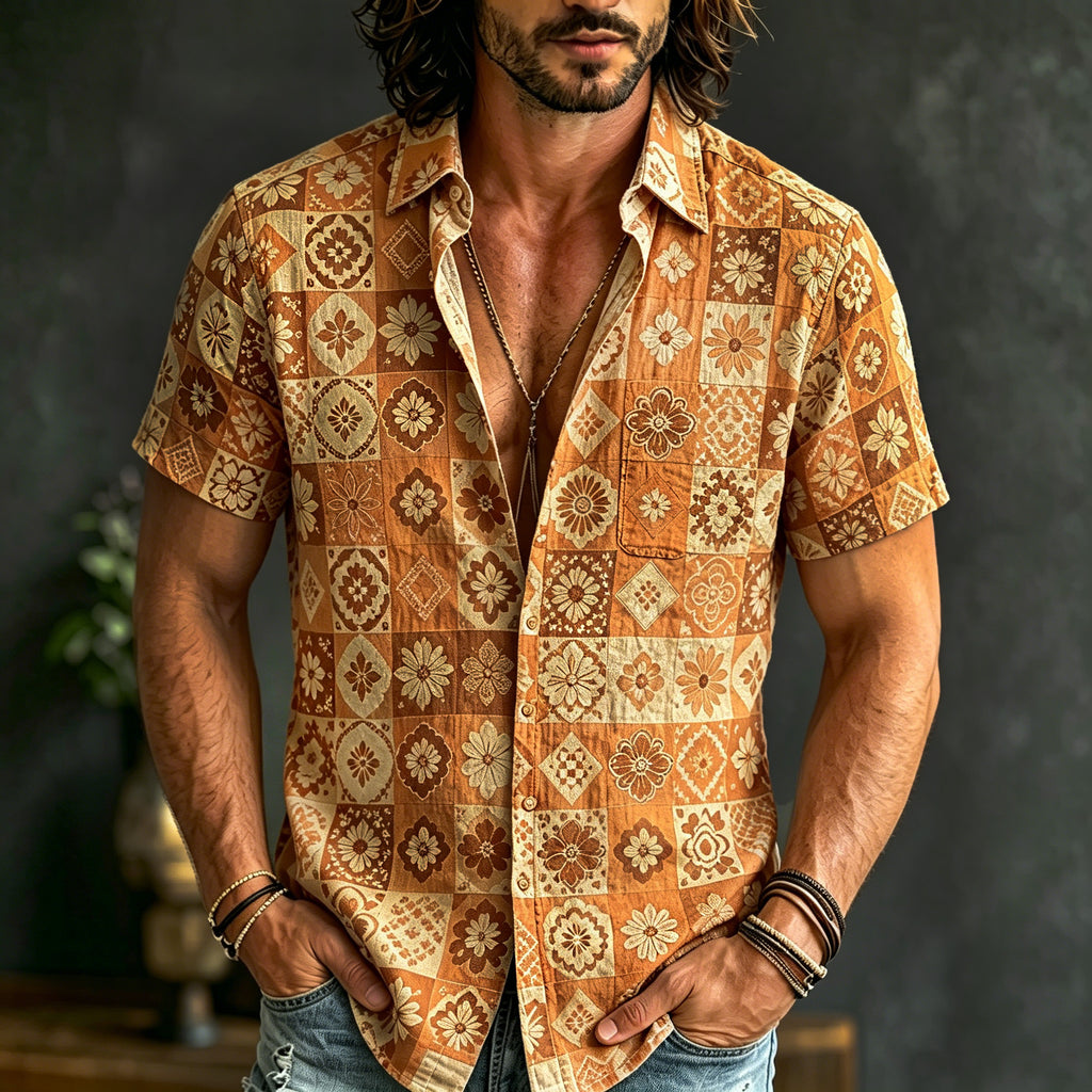 Men's Boho Patchwork Floral Print Hippie Cotton And Linen Comfortable Short Sleeve Shirt