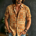 Men's Boho Patchwork Floral Print Hippie Cotton And Linen Comfortable Short Sleeve Shirt