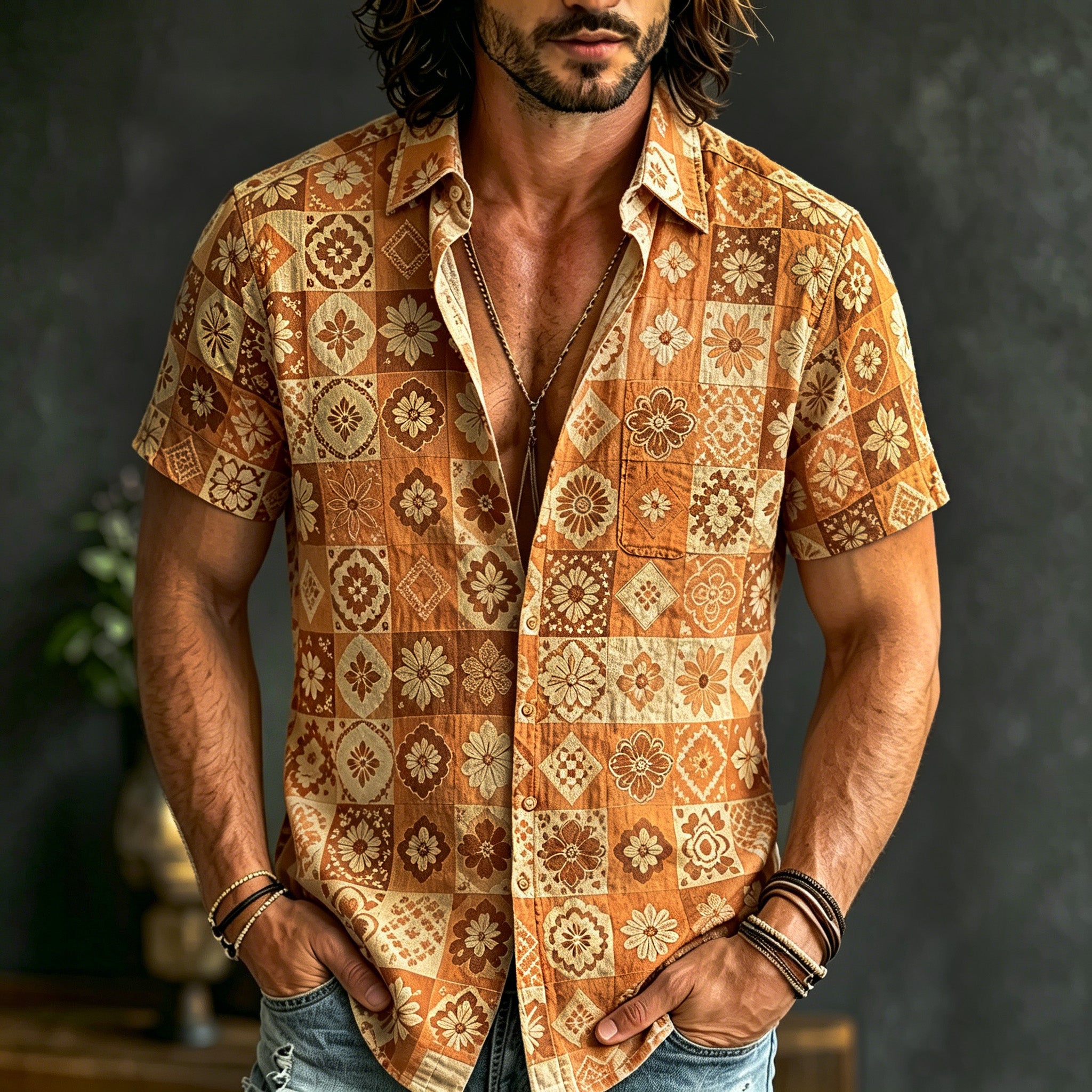 Men's Boho Patchwork Floral Print Hippie Cotton And Linen Comfortable Short Sleeve Shirt