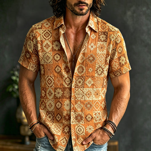 Men's Boho Patchwork Floral Print Hippie Cotton And Linen Comfortable Short Sleeve Shirt