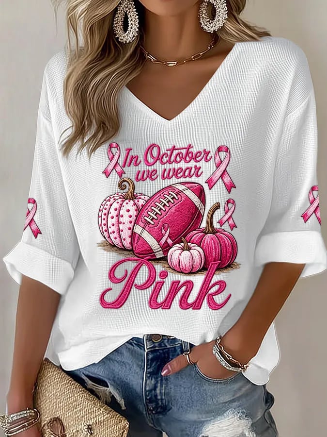 Women's Pink Pumpkin Rugby Waffle Top