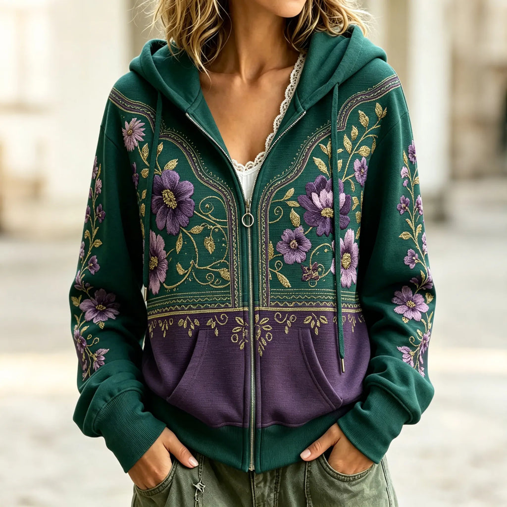 Women's Retro Floral Art Print Color Block Zipper Hoodie