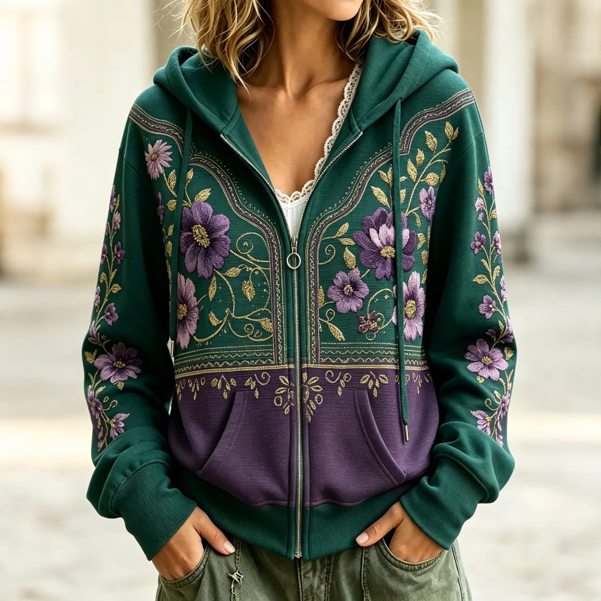 Women's Retro Floral Art Print Color Block Zipper Hoodie