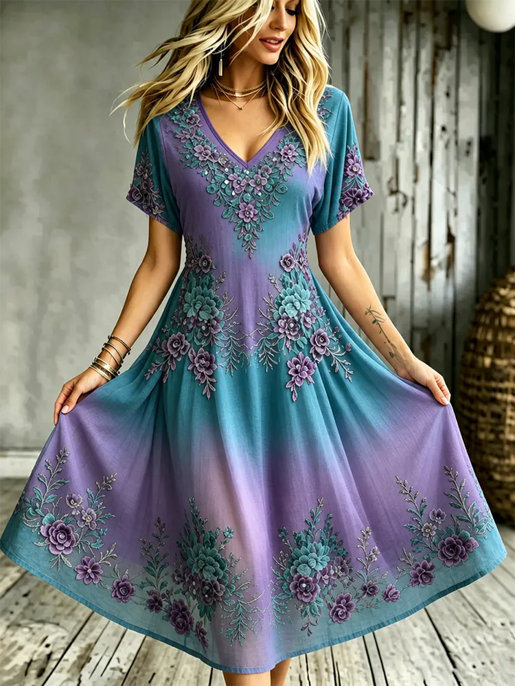 Women's Bohemian Resort Floral V-neck Cotton Linen Dress