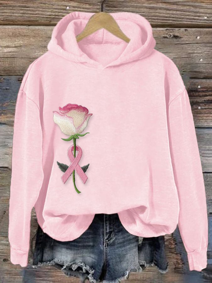 Women's Pink Breast Cancer Floral Print Hoodie