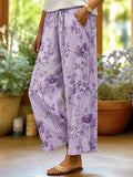 Women's Light Purple Floral Print Line Wide Leg Pants