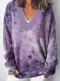 Women's Purple Floral Pattern Printed Casual V-Neck Knitted Sweater