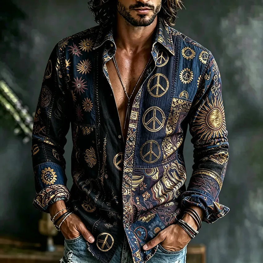 Men's Retro Hippie Peace Logo Color Block Print Casual Shirt