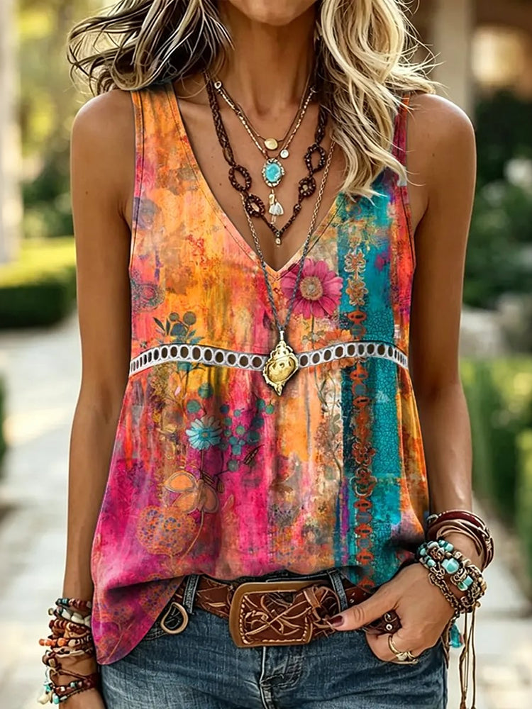 Women's Vintage Boho Floral Art Linen Blend V-neck Tank Top