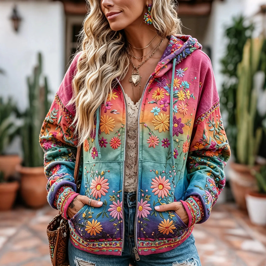 Women's Retro Hippie Floral Embroidery Gradient Art Casual Zipper Hoodie