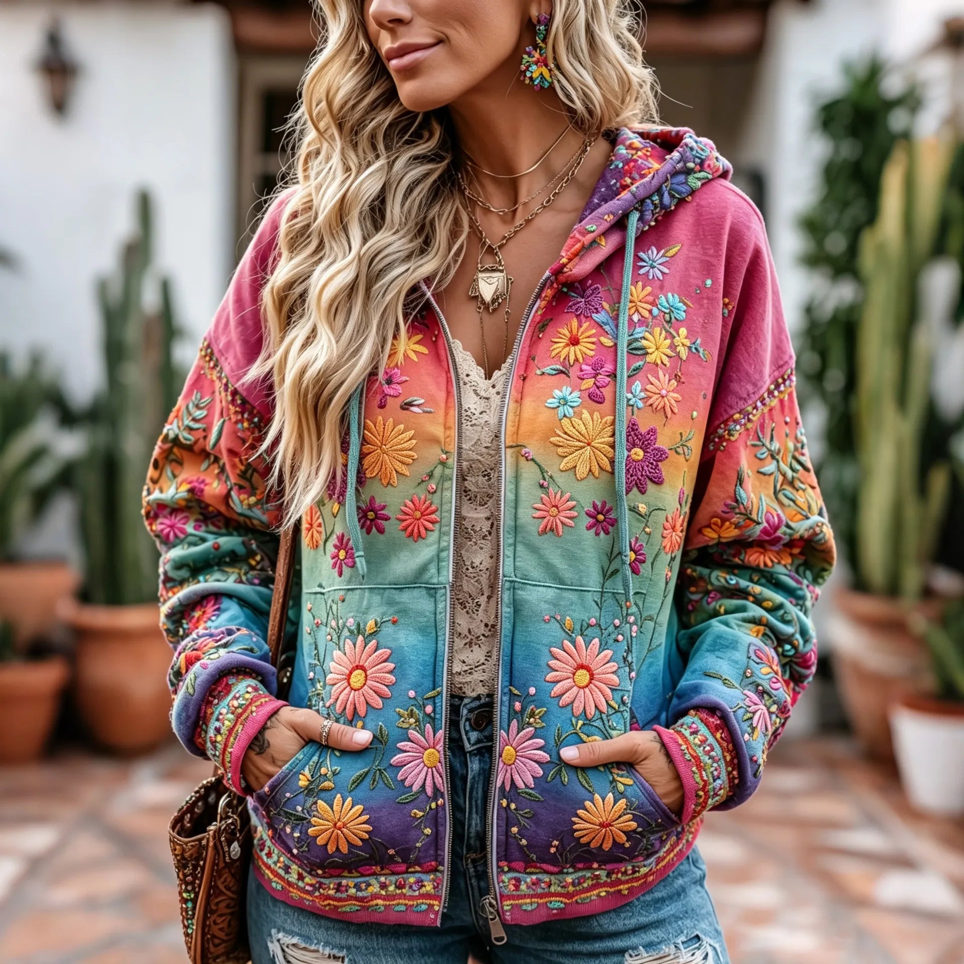 Women's Retro Hippie Floral Embroidery Gradient Art Casual Zipper Hoodie