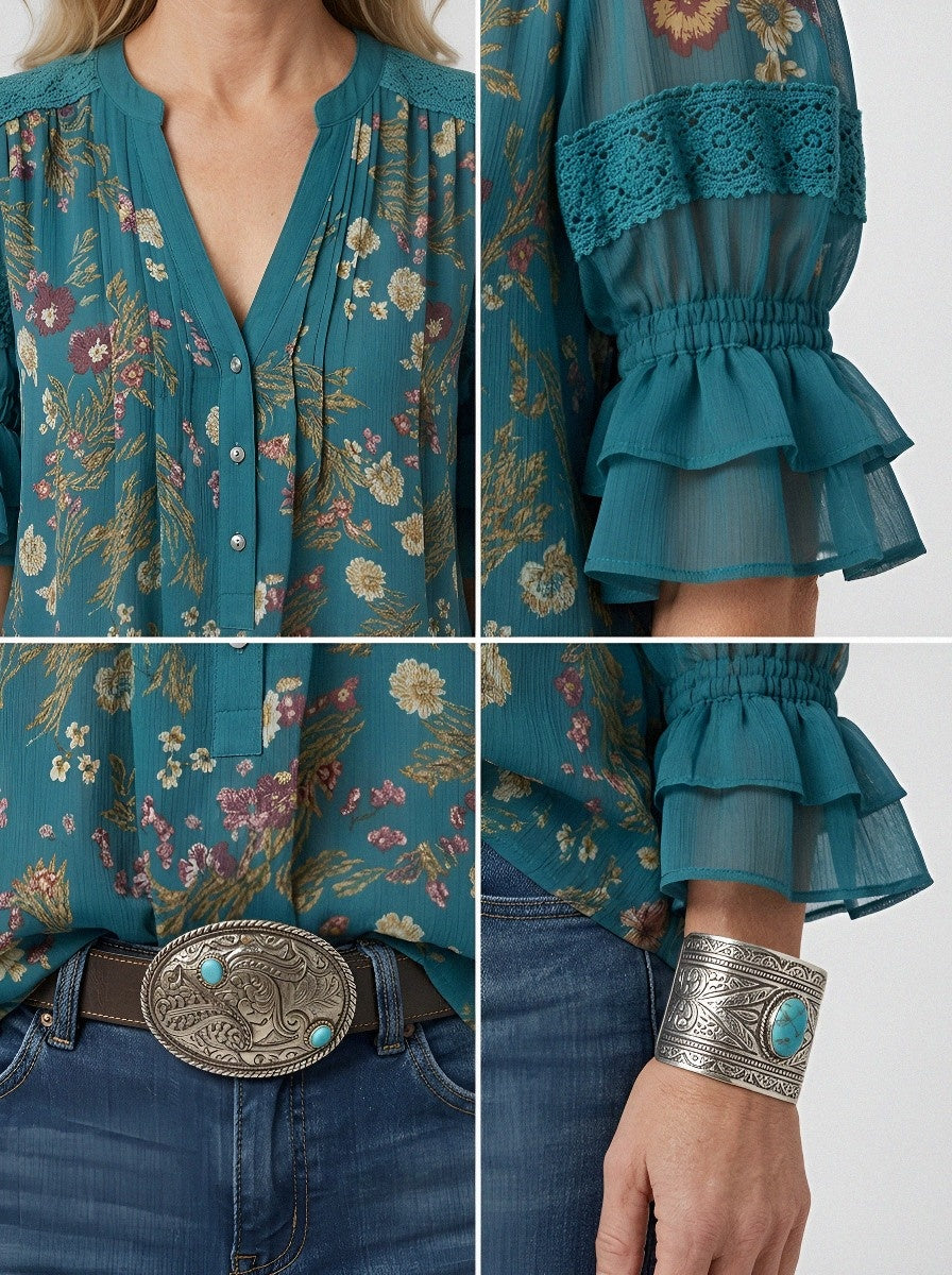 Women's Western Vintage Floral Lace Trim Printed Blouse