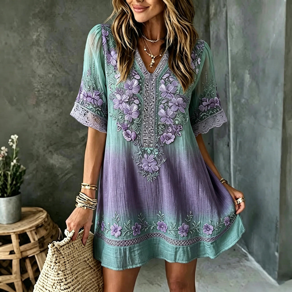 Women's Vintage Floral Art Embroidered Linen Blend V Neck Mini Dress