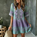 Women's Vintage Floral Art Embroidered Linen Blend V Neck Mini Dress