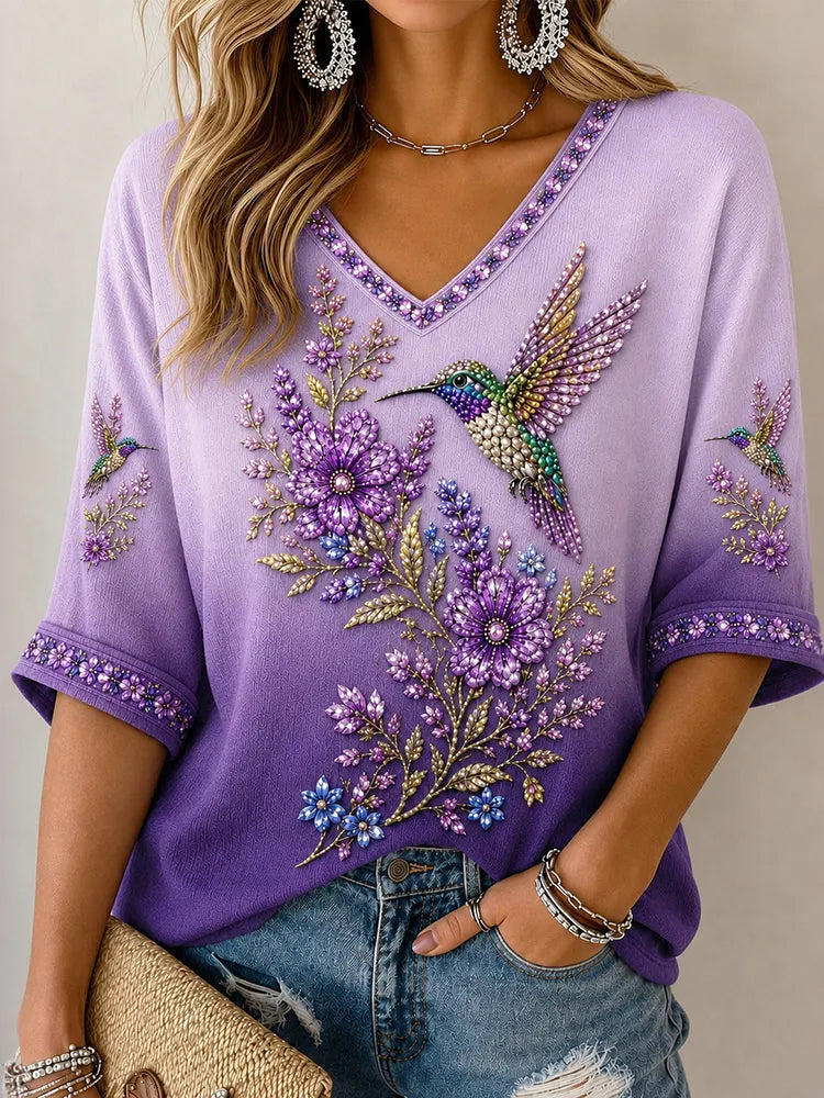 Women's Floral & Hummingbird Diamond Print Alzheimer's Awareness Support Half-sleeves T-shirt