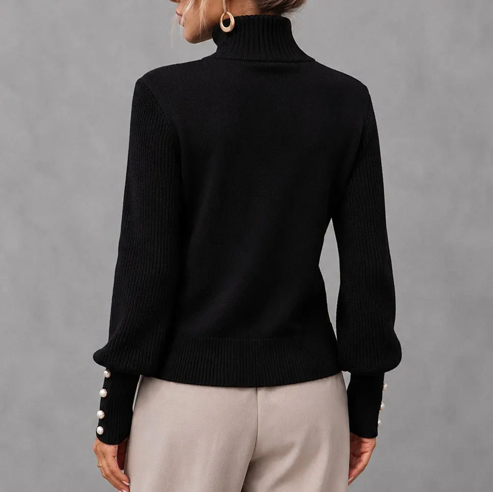 Elegant Solid Color Turtleneck Beaded Sweater
