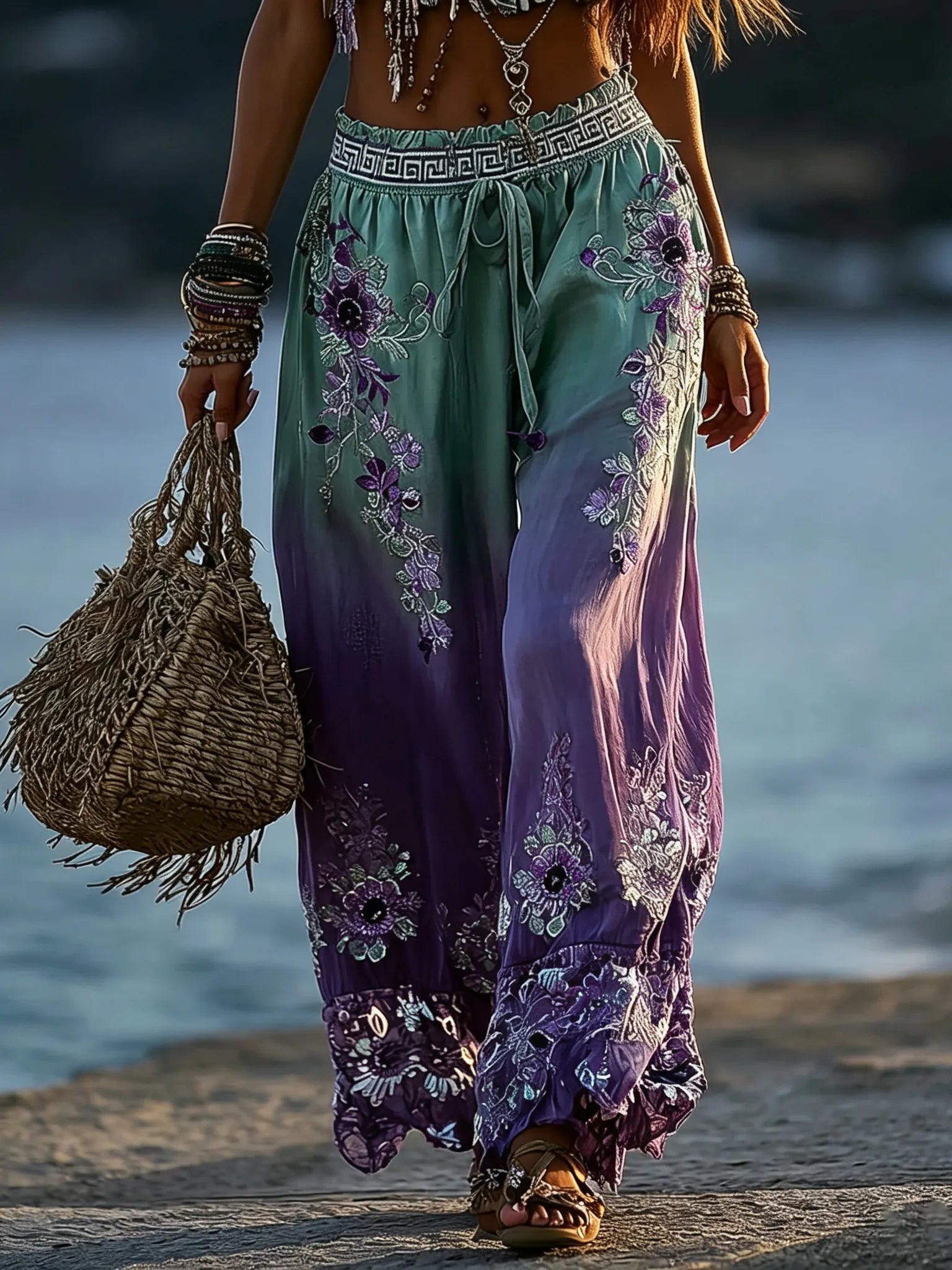 Women's Vintage Boho Floral Gradient Art Print Flowy Linen Blend Casual Pants