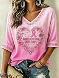 Women's Casual Top with Floral Breast Cancer Awareness Print