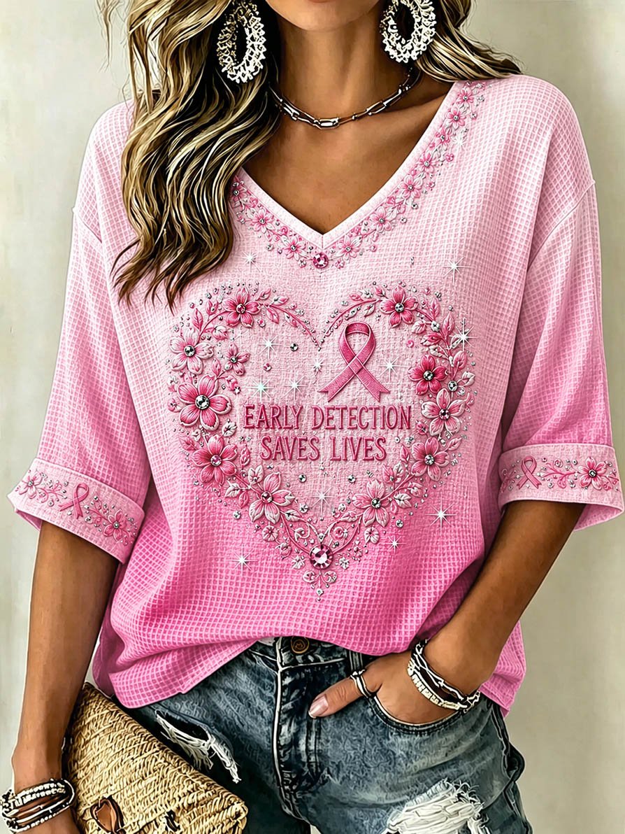 Women's Casual Top with Floral Breast Cancer Awareness Print