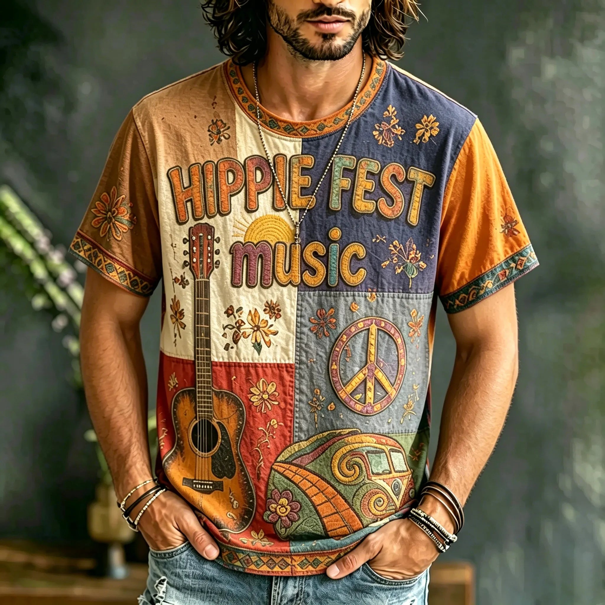 Men's Casual Color Block Music Letter Retro Hippie Crew Neck T-shirt