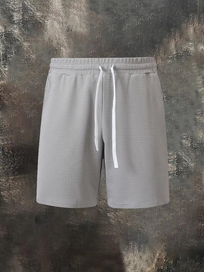 Men's Casual Solid-Color Waffle-Knit Drawstring Shorts with Pockets
