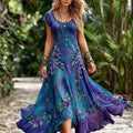 Women's Vintage Floral Embroidery Gradient Pattern Round Neck Dress