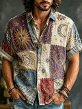 Vintage Hippie Style Patchwork Sun And Moon Peace Symbol Embroidered Distressed Casual Men's Shirt