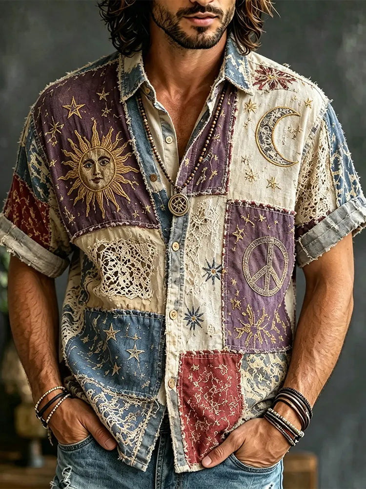 Vintage Hippie Style Patchwork Sun And Moon Peace Symbol Embroidered Distressed Casual Men's Shirt