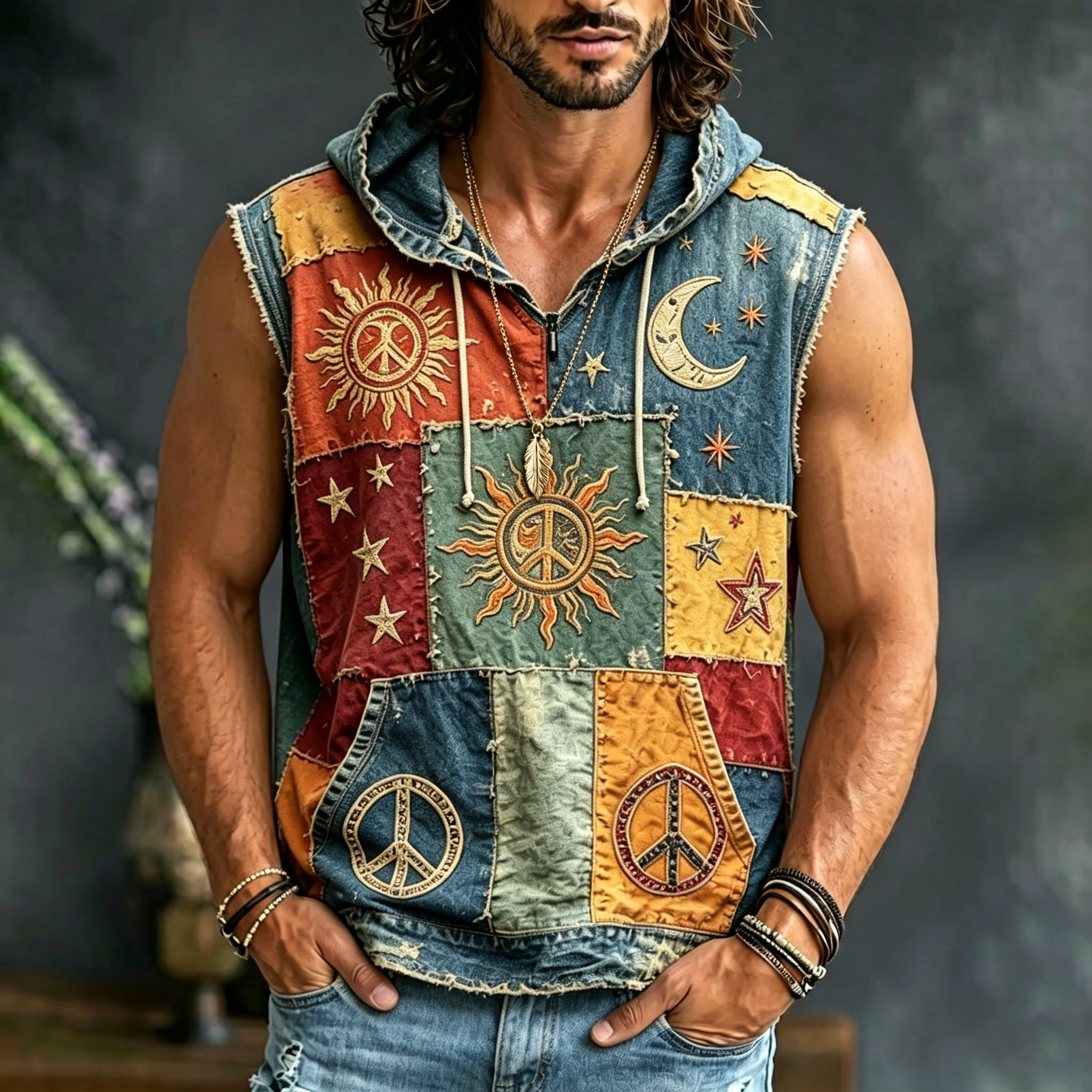 Men's Vintage Peace Sign Patchwork Art Print Hooded Tank Top
