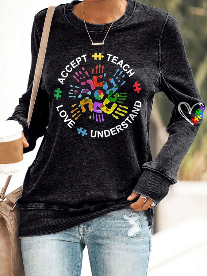 Women's Autism Teach Love Understand Print Sweatshirt
