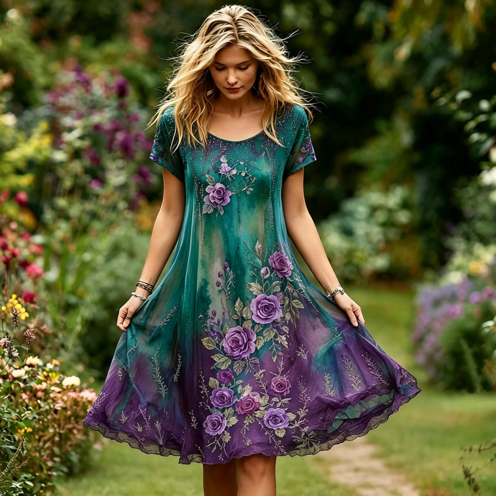 Women's Retro Floral Embroidery Gradient Pattern Round Neck Short Dress