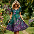 Women's Retro Floral Embroidery Gradient Pattern Round Neck Short Dress